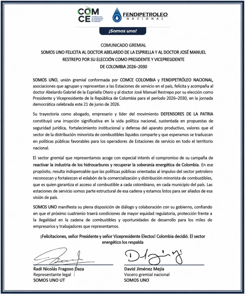 Somos Uno felicita al Dr. Abelardo de la Espriella y al Dr. José Manuel Restrepo por su elección como Presidente y Vicepresidente de Colombia